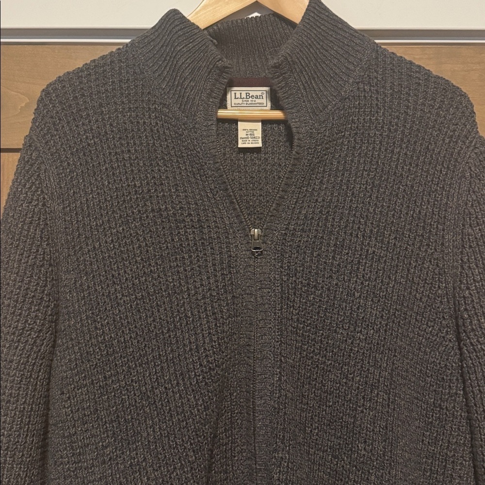 L.L.Bean Mens M Organic Cotton Zip Up Waffle knit Sweater Grey Pockets Preppy